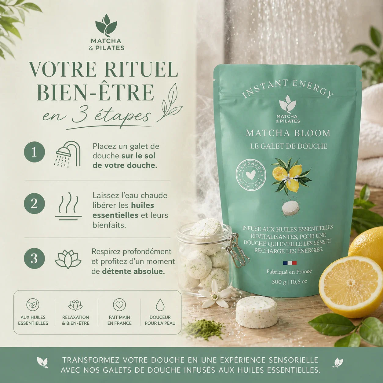 Matcha Bloom | Galets de Douche Thé Vert & Citron (Artisanal France)