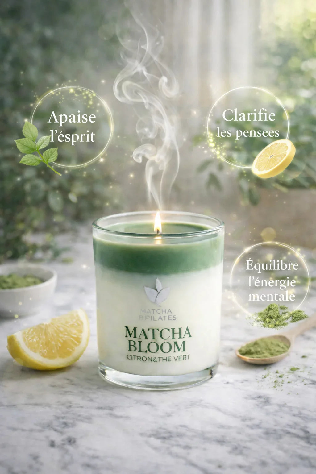 Bougie parfumée Matcha Bloom citron et thé vert apaisante sur table en marbre avec poudre de matcha et citron