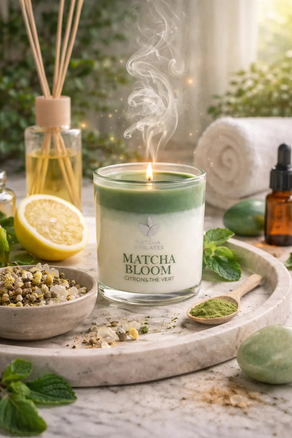 Bougie allumée Matcha Bloom citron et thé vert avec herbes, demi citron, épices et accessoires bien-être sur plateau