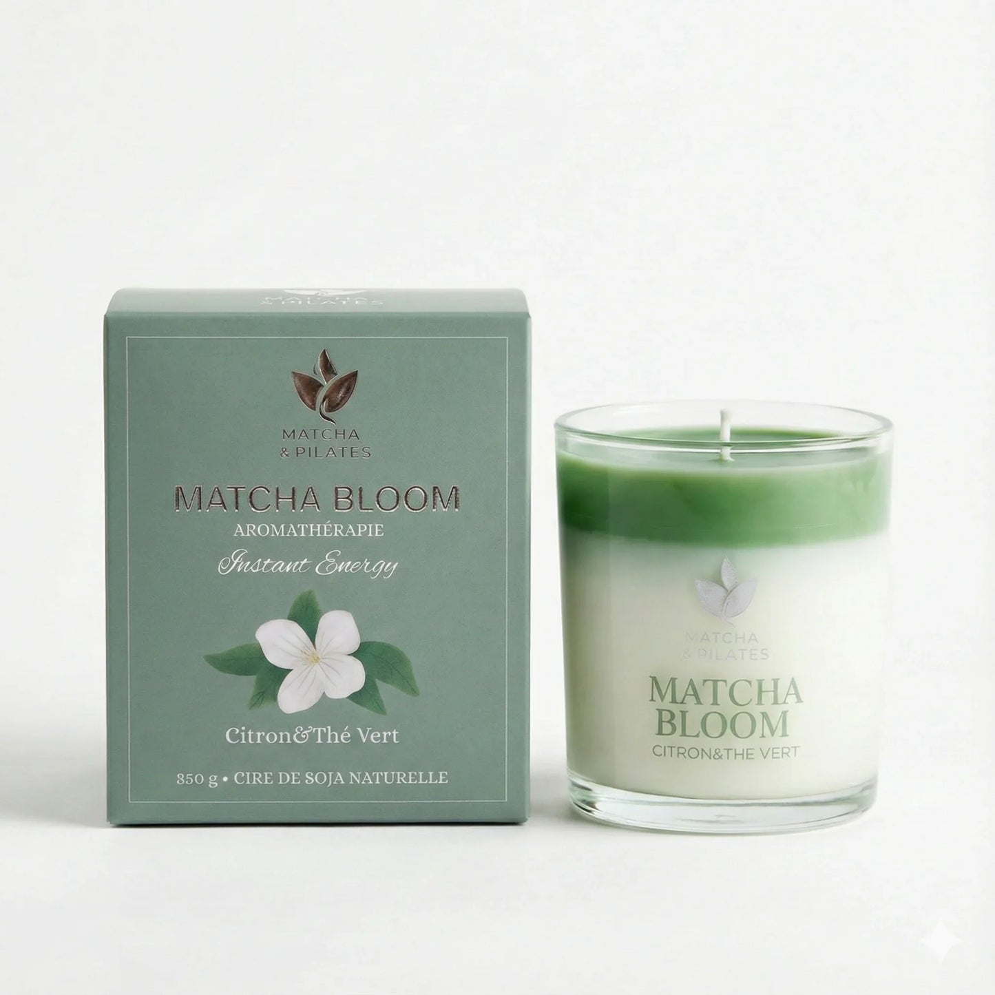 Bougie aromathérapie Matcha Bloom citron et thé vert en cire de soja naturelle, emballage vert élégant