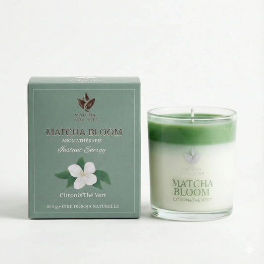 Bougie aromathérapie Matcha Bloom citron et thé vert en cire de soja naturelle, emballage vert élégant