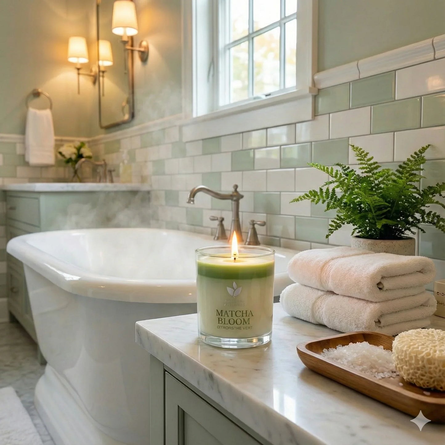 Bougie parfumée Matcha Bloom allumée sur plan de marbre dans salle de bains zen avec baignoire, serviettes blanches et plante verte