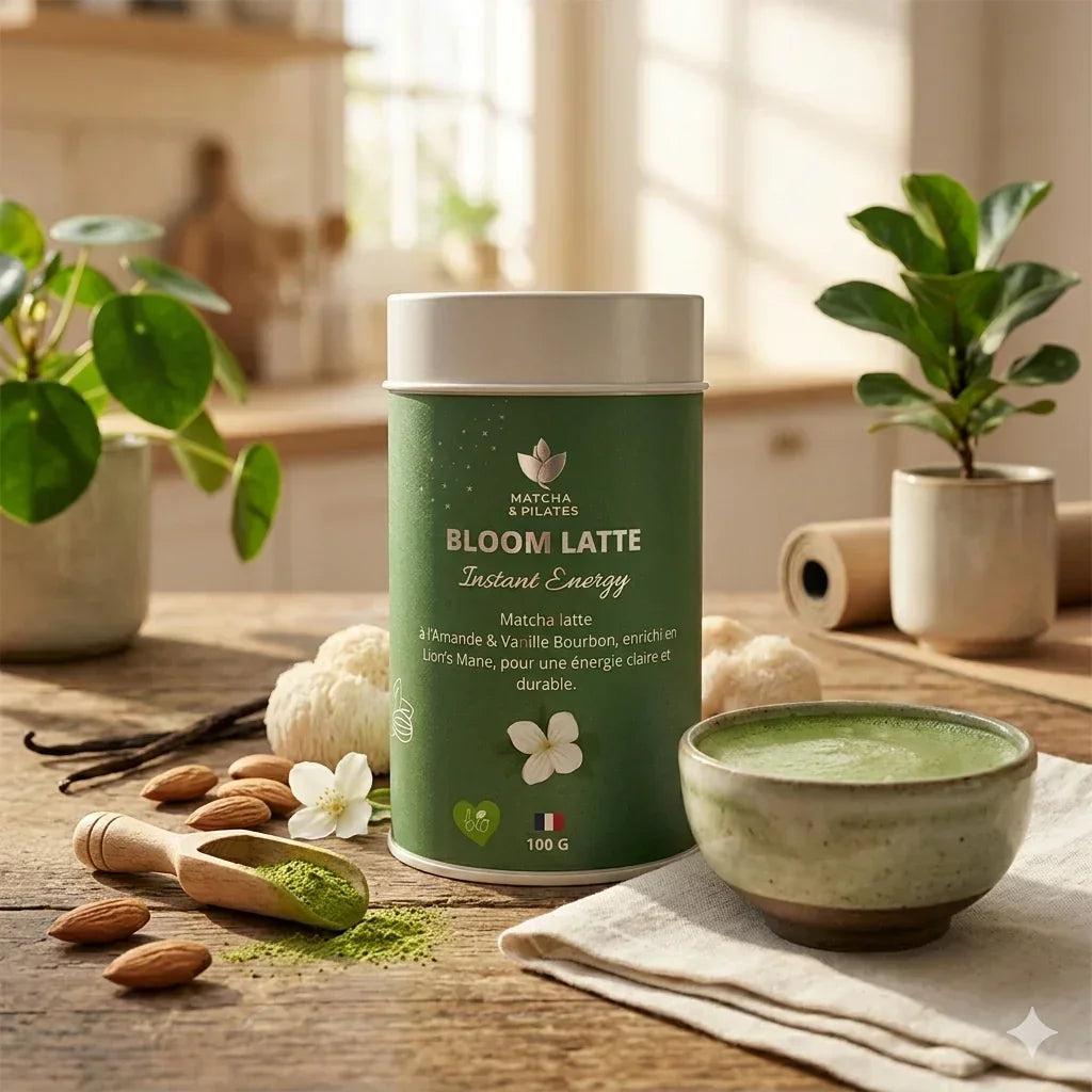 Boîte de matcha latte Bloom Latte instantané, saveur amande et vanille, posée sur une table en bois avec poudre de matcha, amandes, fleurs et une tasse de latte, ambiance bien-être et naturel.