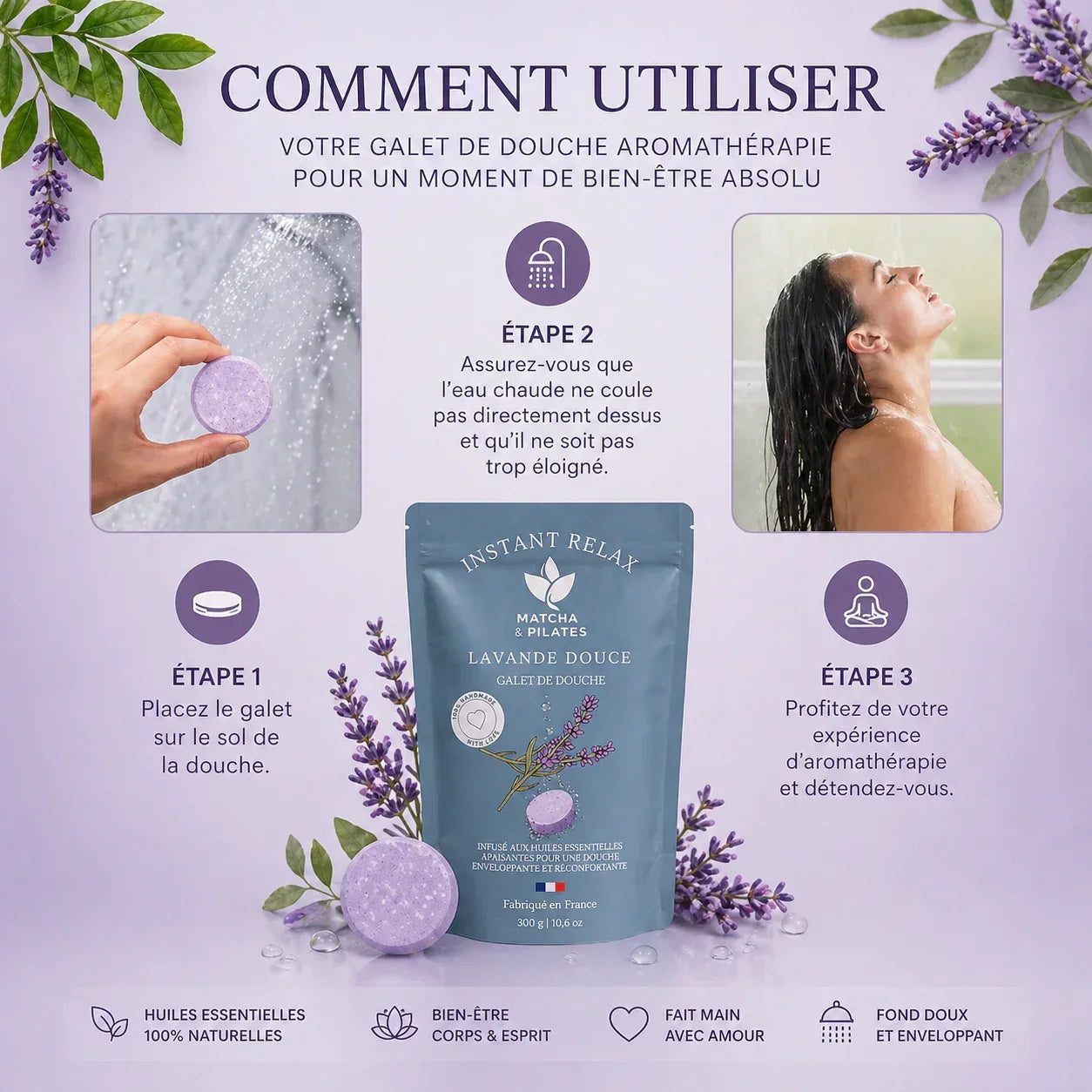 Guide d’utilisation galet de douche lavande aromathérapie, bien-être sous la douche