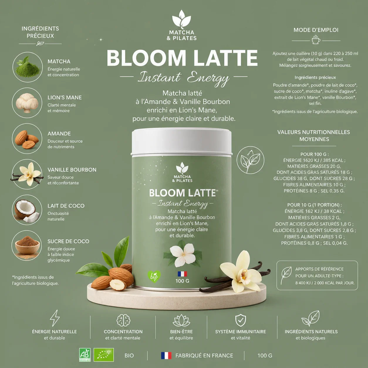 BLOOM LATTE | Matcha latte amande vanille Bourbon & Lion’s Mane
