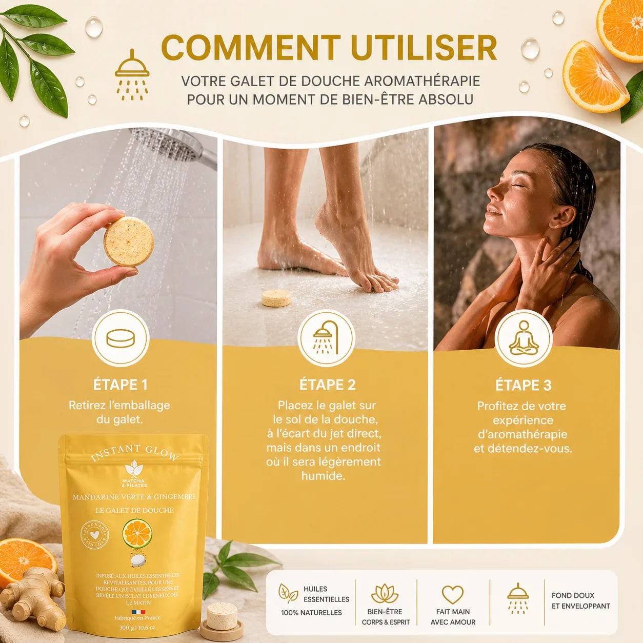 Guide d’utilisation galet de douche aromathérapie mandarine verte et gingembre sous la douche.