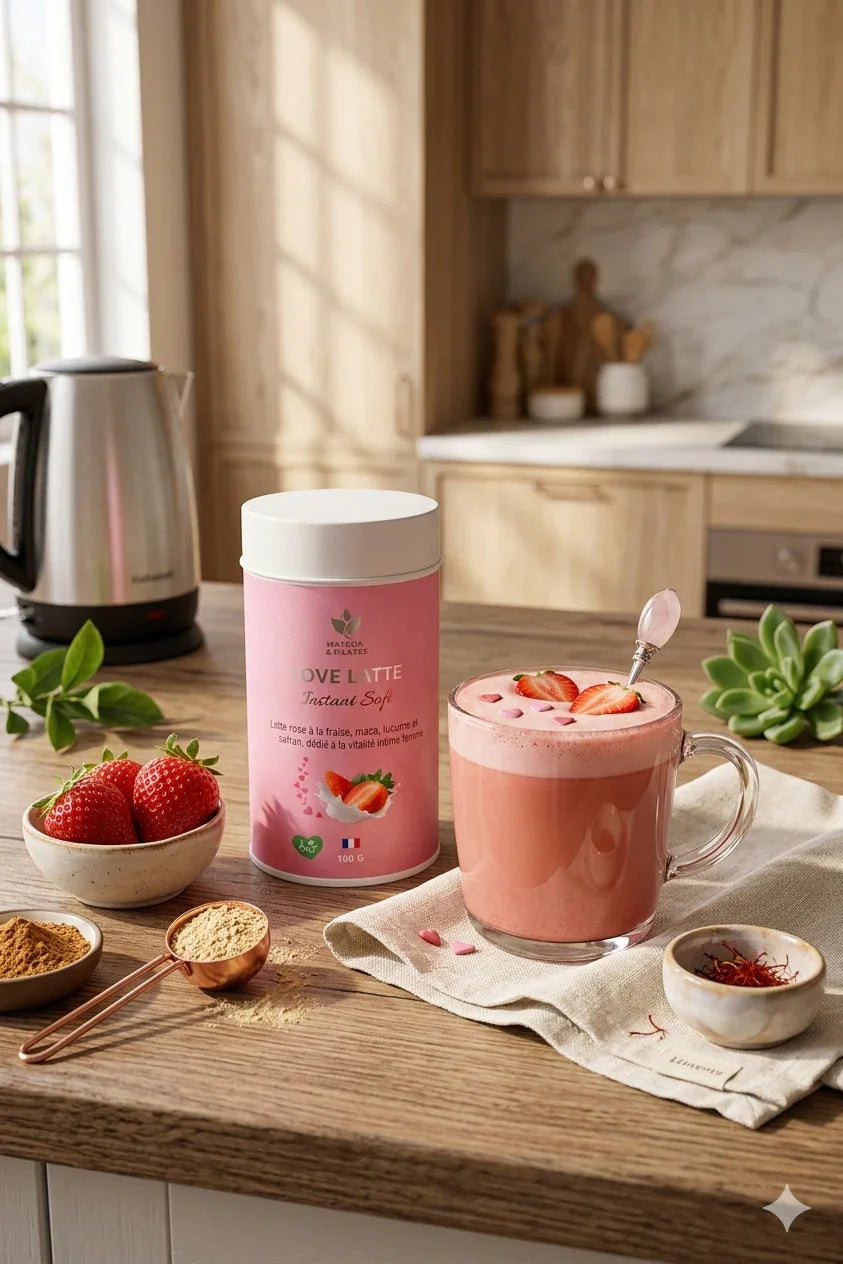 Latte rose à la fraise et superaliments, boisson bien-être sur table de cuisine, ingrédients naturels