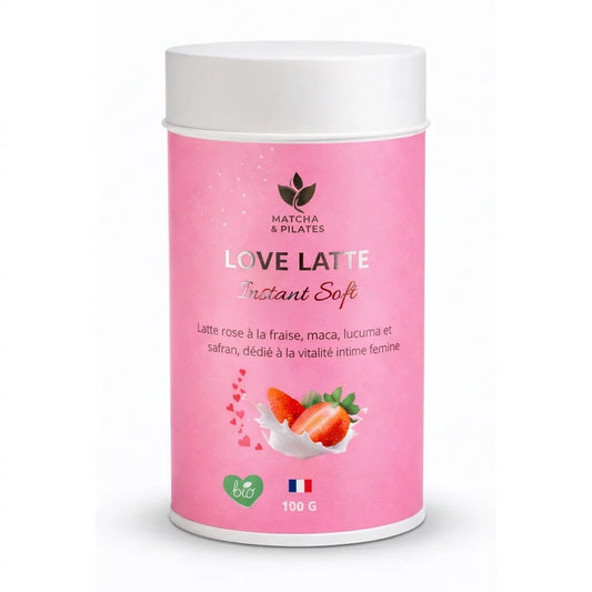 Boîte rose de Love Latte fraise, maca, lucuma, safran, bien-être féminin, 100 g bio.