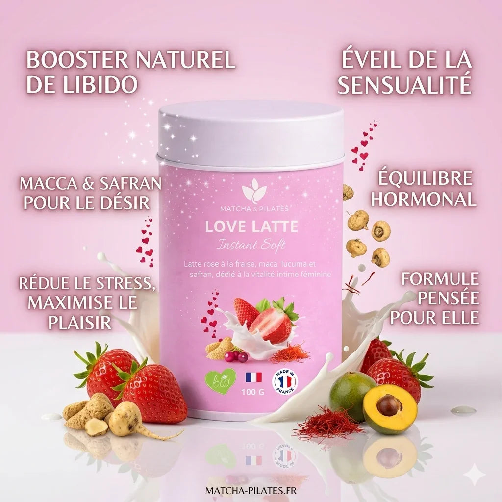 Boîte de Love Latte rose avec fraises, lucuma, maca et lait, bien-être féminin, équilibre hormonal