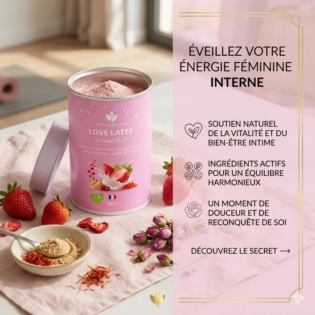 Boîte de latte rose Love Latte à la fraise, maca et safran, entourée de fraises, poudres et pétales, avec texte bien-être féminin en fond.