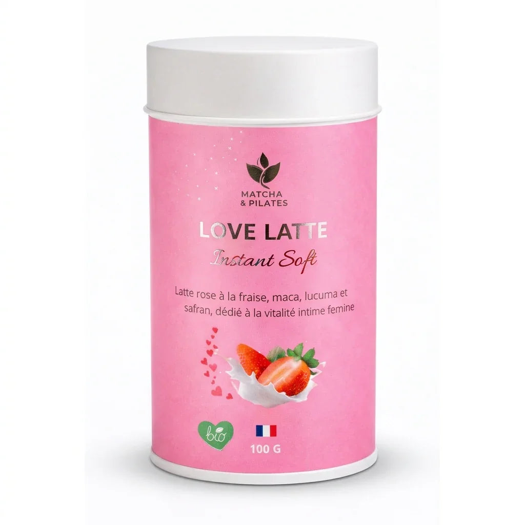 Boîte rose Love Latte Instant Soft bio, latte à la fraise, maca et safran, 100g.