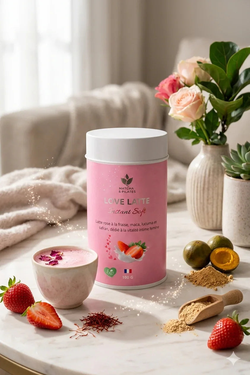 Latte rose à la fraise, maca, lucuma et safran sur table, décor bien-être, fraises fraîches.