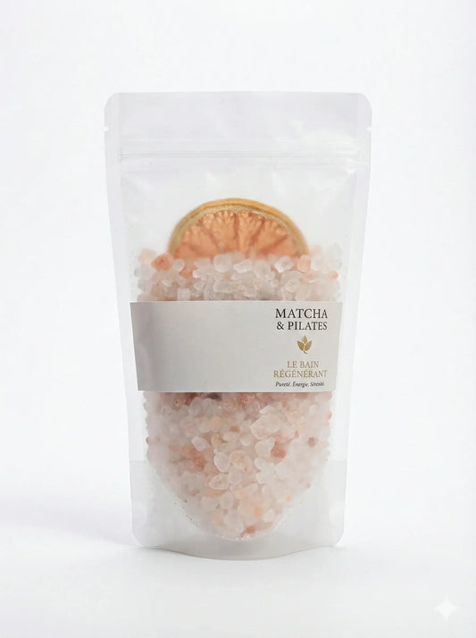 Sachet transparent de bain régénérant Matcha & Pilates avec sel rose et tranche de citron séché