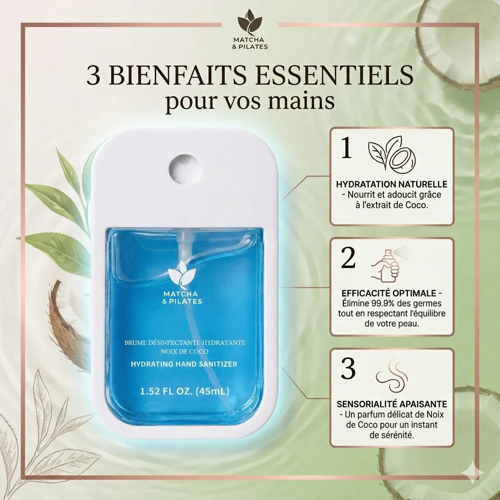 Spray désinfectant hydratant pour les mains à la noix de coco, 45ml, avec bienfaits naturels et apaisants.