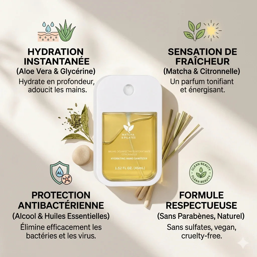 Brume désinfectante hydratante pour les mains, Matcha & Citronnelle, format compact, ingrédients naturels.