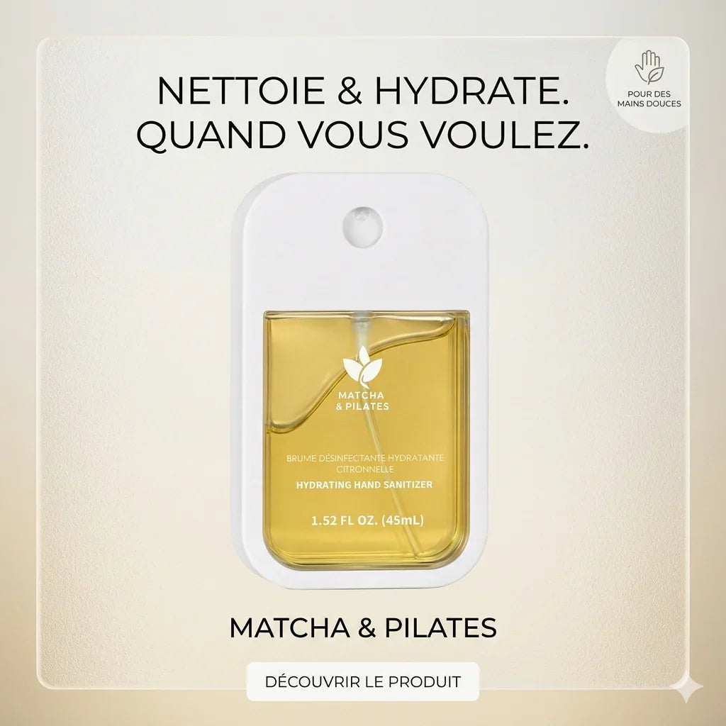 Brume désinfectante hydratante citronnelle Matcha & Pilates, packaging moderne, bien-être mains