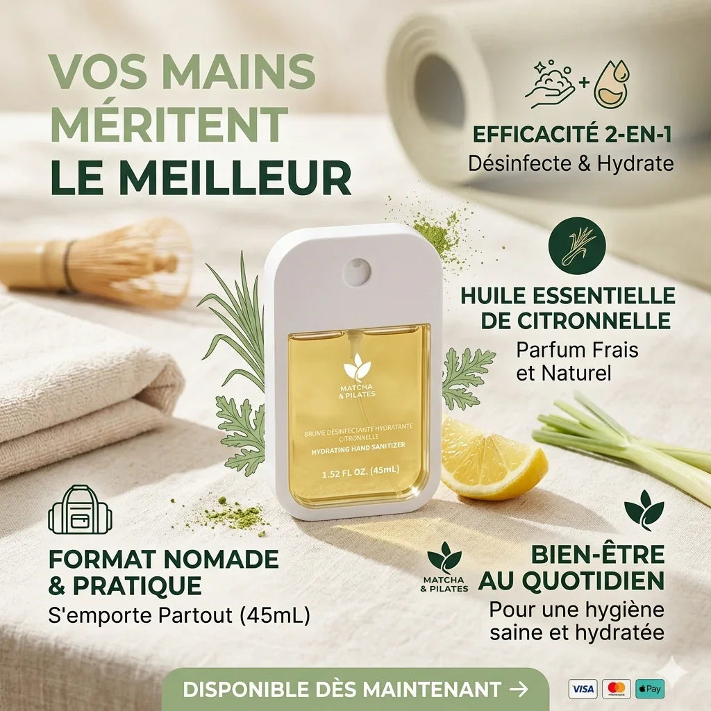 Brume désinfectante et hydratante pour les mains à la citronnelle, format pratique 45mL, ambiance bien-être.
