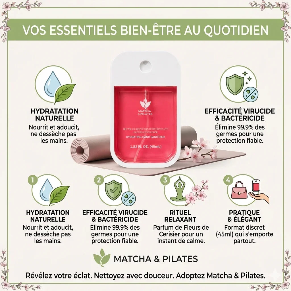 Brume désinfectante hydratante pour les mains Matcha & Pilates, posée sur tapis de yoga avec fleurs de cerisier, mise en avant des bienfaits bien-être et efficacité contre les germes.