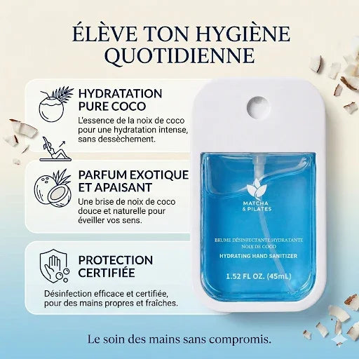 Brume désinfectante mains hydratante noix de coco, format compact, ambiance bien-être.