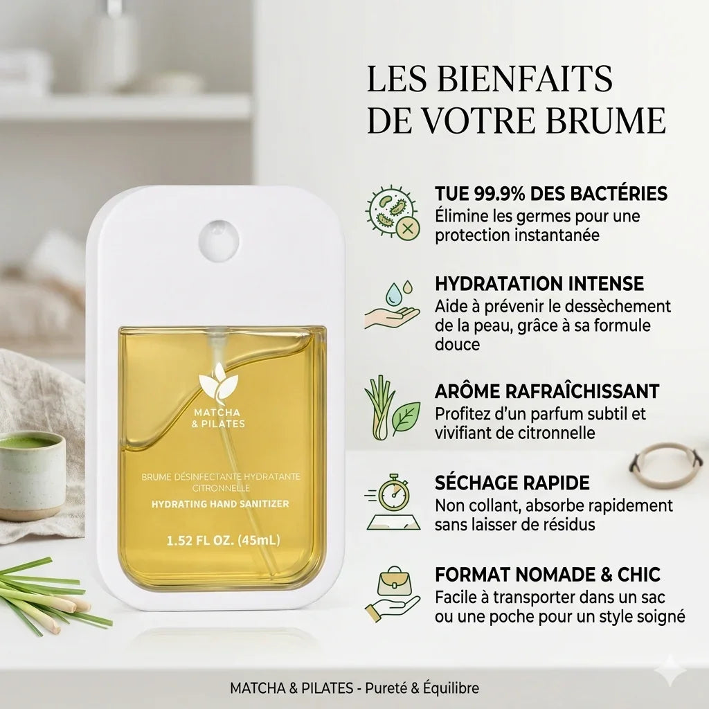 Brume désinfectante hydratante citronnelle, format nomade pour mains, bienfaits indiqués.