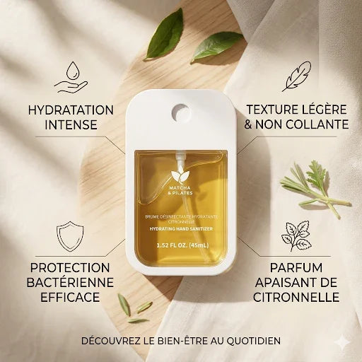 Spray désinfectant mains hydratant, texture légère, parfum citronnelle, bien-être soin