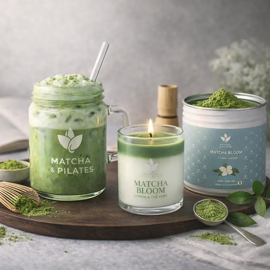 Boisson matcha mousseuse, bougie parfumée citron thé vert, pot poudre matcha bio sur plateau bois