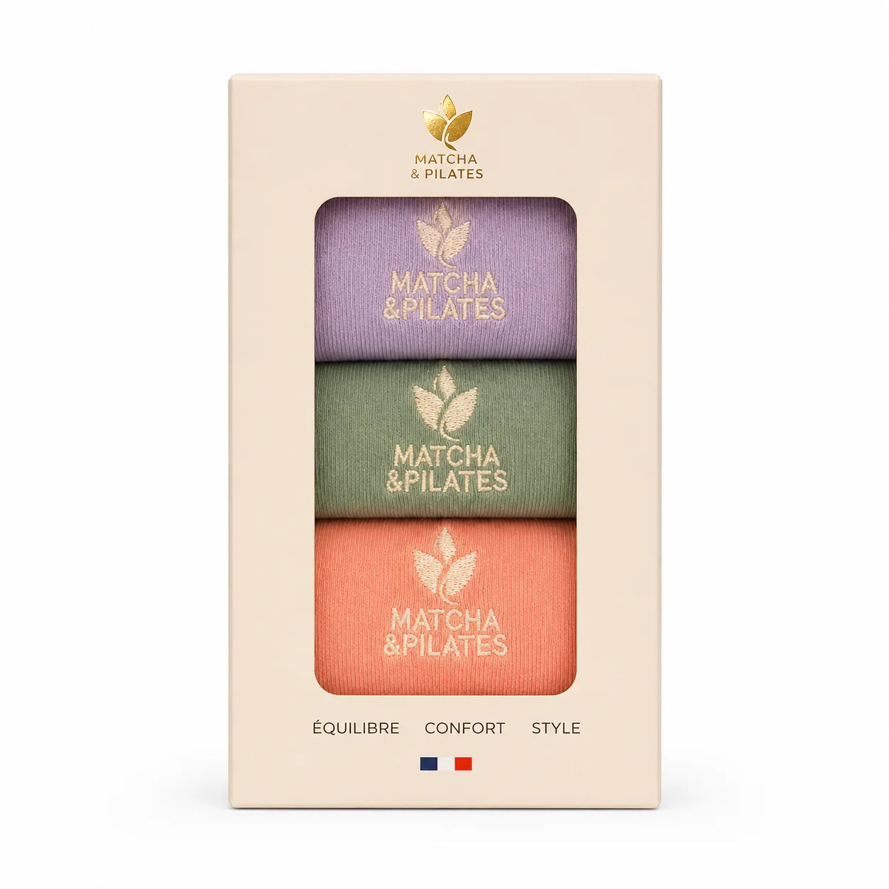 Coffret de trois bandes de résistance colorées pour Pilates, équilibre, confort et style.