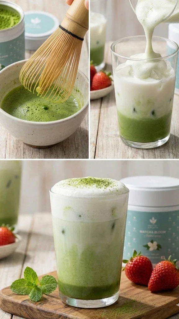 Préparation et verre de latte matcha mousseux avec fraises, menthe et poudre de thé vert sur table en bois